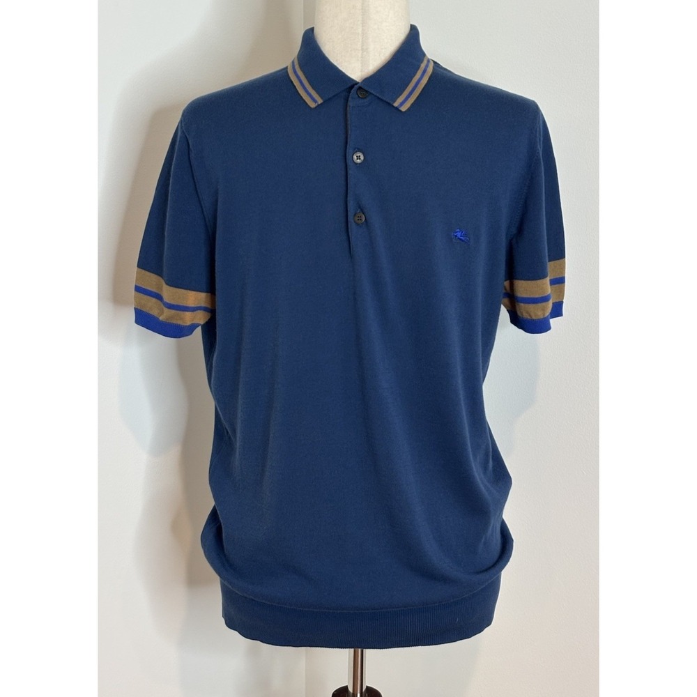 Etro Milano Pegasus Logo Polo Shirt Blue Brown Stripe Trim Made in Italy Size M